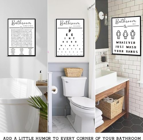Framed Bathroom Wall Art by [Brand Name] - Funny Black and White Word Search Pee Eye Chart | Wash Your Hands (12x16 inches, Set of 3)