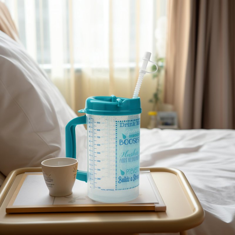 Plum Hill Hospital Cup With Lid and Straw - 32 Ounce Insulated Water Bottle, Drinking Mug With Measurements - Teal