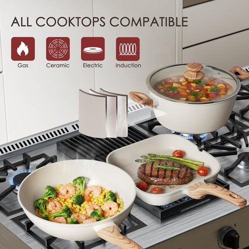 Kikcoin Nonstick Pots and Pans Set - 31-Piece Kitchen Cookware Set with Grill Pan & Utensils | Cream White