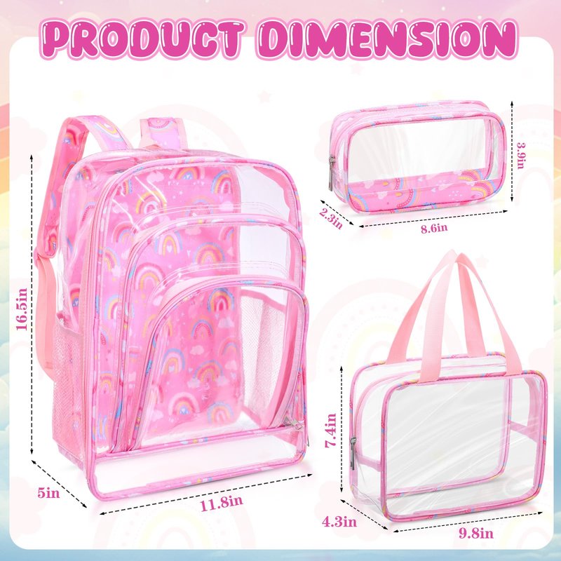 AmazingSpark 3 Pcs Clear Back to School Backpack for Girlslunch Bag Heavy Duty Transparent Rainbow Pink Bookbags with Lunch Box Pencil Case for Teen Girls Concert Stadium Events Approved See Through