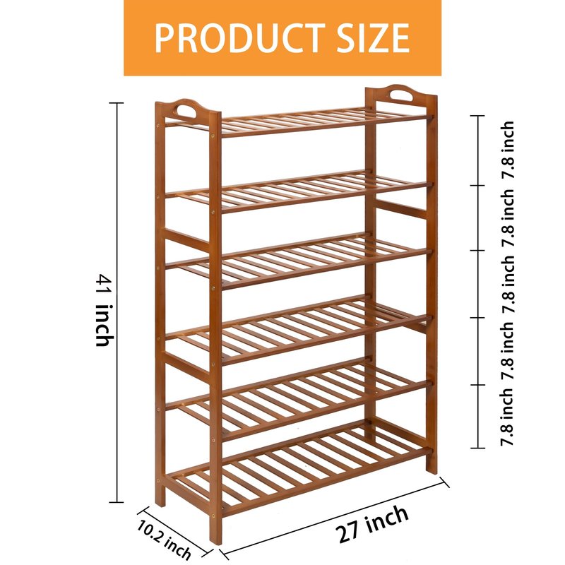 RKK Shoe Rack for Front Foor Entrance, Bamboo Shoe Rack for Closet Shoe Organizer Closet Organizers and Storage Shelves (Brown, 6 Tier)
