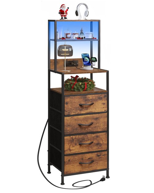 WLIVE Tall Nightstand with Charging Station, LED Night Stand with 4 Drawers and Storage Open Shelves, Fabric Dresser for Bedroom, Living Room, Office, Rustic Brown