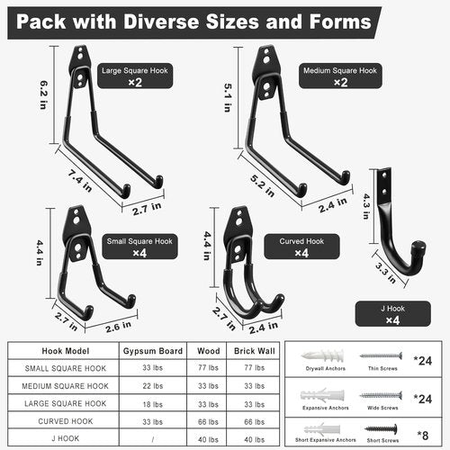 LANDNEOO Garage Hooks - 20-Pack Heavy-Duty Steel Wall Mount Organizers with Anti-Slip Coating for Ladders, Bikes & Tools - Black