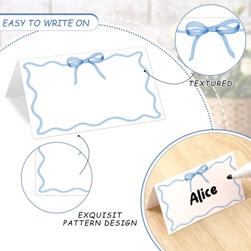 Whaline 100Pcs Blue Bow Place Card 2 x 3.5 Inch Cute Bowknot Tented Card Table Name Sign for Party Banquet Reception Table Setting Supplies