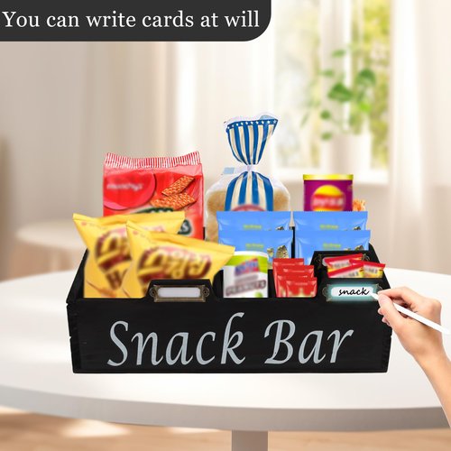 Xbopetda 6 Compartment Wooden Snack Organizer, Black Painted Pine Wood, Countertop Snack Bar Station, Pantry Organizer and Storage