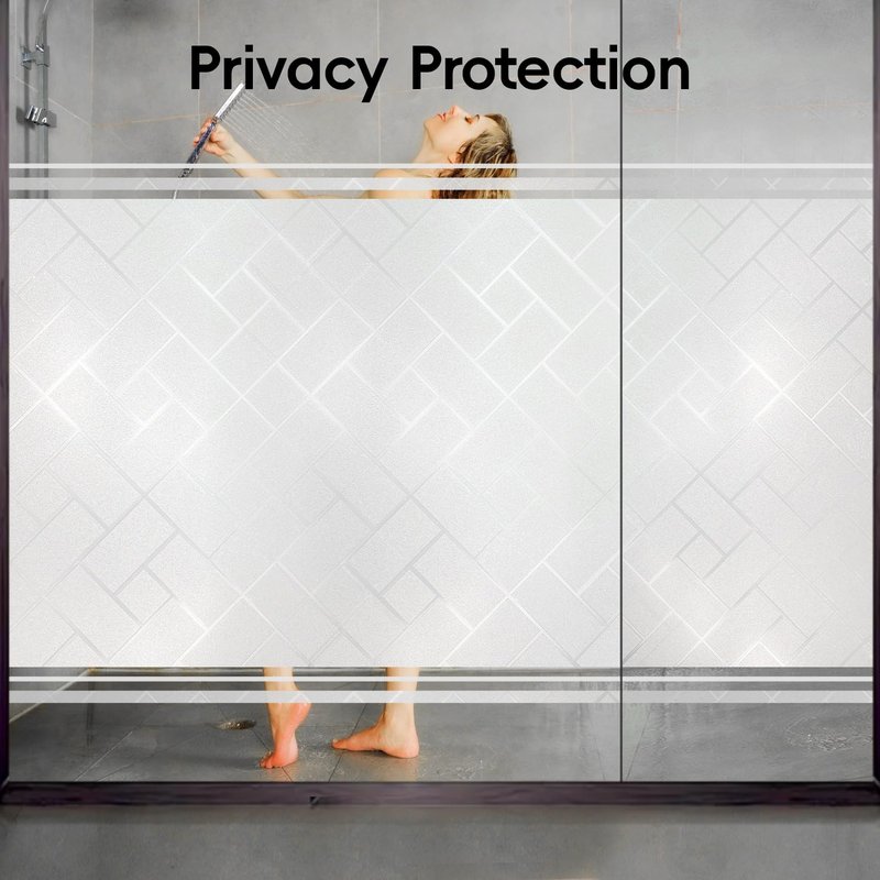 Frosted Glass Window Film Sun Blocking Window Tinting Film for Home, Static Clings Removable Frosting Bathroom Door Window Covering, 45.2 inch x 78.74 inch, White-Grid