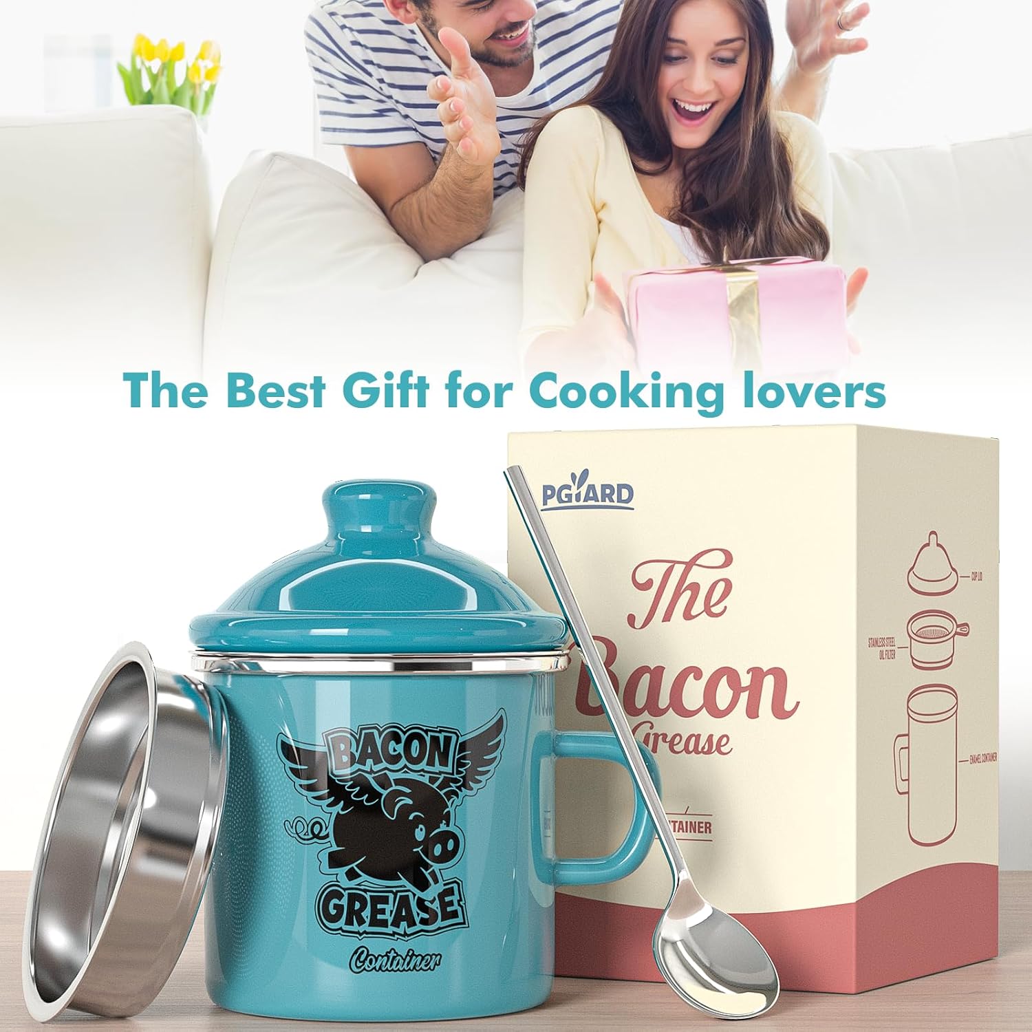 PGYARD Mini Bacon Grease Container - 15oz Farmhouse Enamel Grease Saver in Light Blue