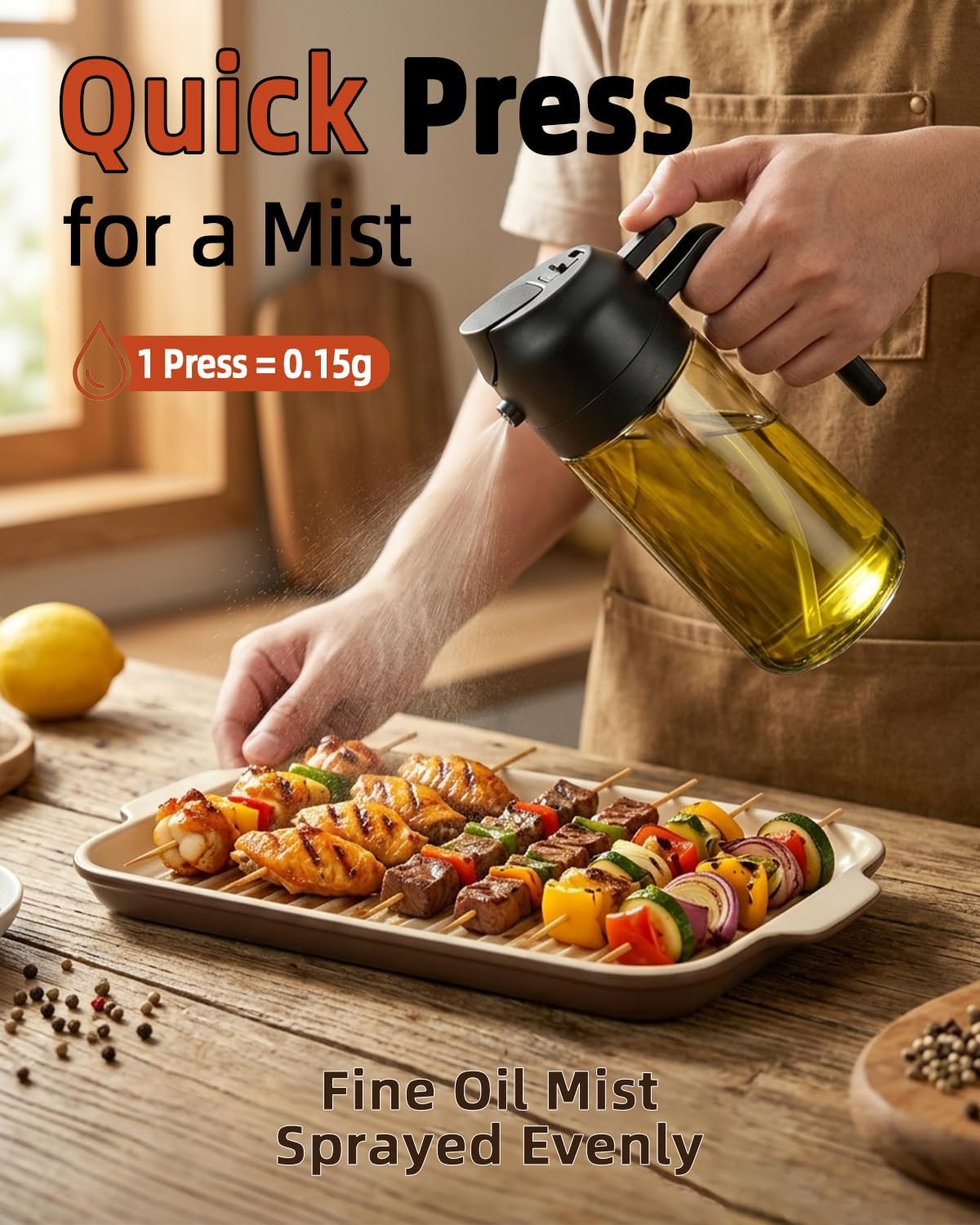 Skiennix 16oz Oil Sprayer - 2-in-1 Food Grade Glass Dispenser for Cooking & BBQ (Black)