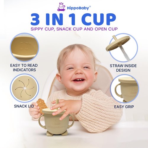 HippoBaby Baby Led Weaning Supplies | 10 Piece Silicone Baby Feeding Set | Baby Toddler Bib Cup Divided Plate and Bowl Self Feeding Spoons Dish Set | Baby Utensils | Toddler Feeding Supplies (Cream)