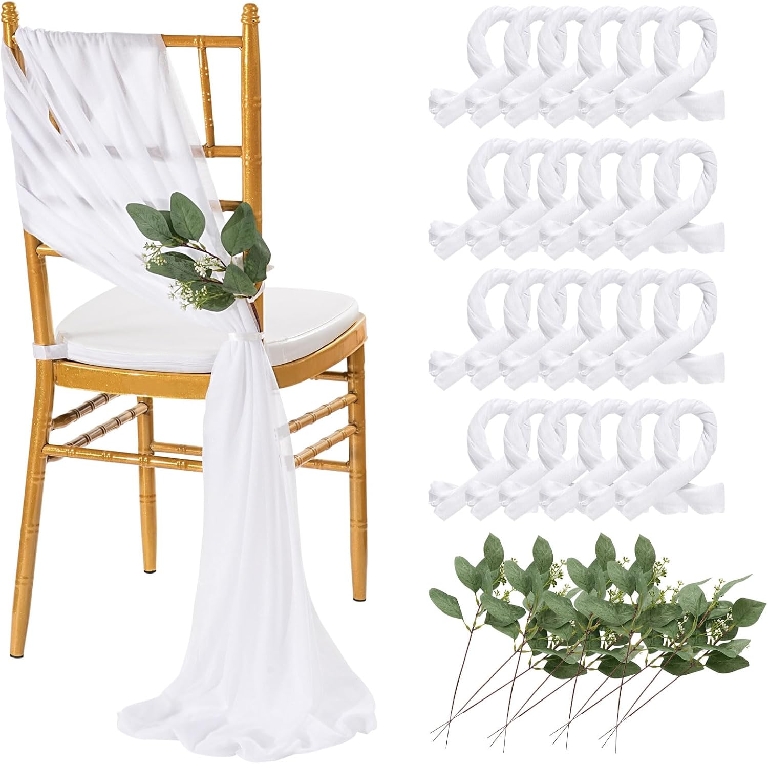 QueenDream Chair Sashes - 24 Pack White Sheer Draping Fabric for Wedding Aisle & Party Decor
