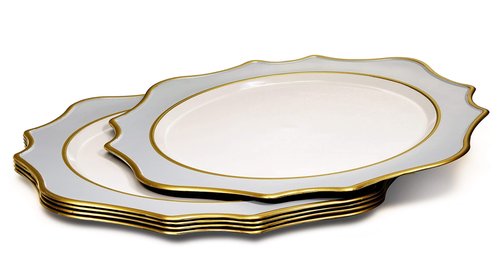 " OCCASIONS " 10 Pieces Round 13'' ACRYLIC MELAMINE Reusable Wedding Charger Plate (Scalloped Dolphin Gray and Gold)