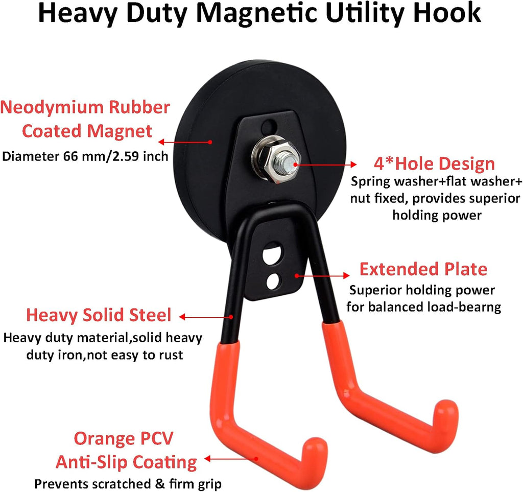 ULIBERMAGNET Heavy Duty Magnetic Garage Hooks - Strong Magnet Holders for Tools & Hoses | 2 Pack (Orange)