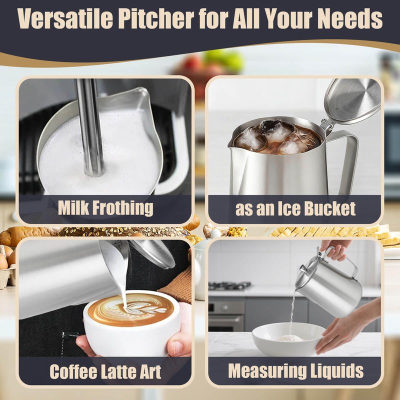 Stainless Steel Pitcher with Lid, 67 oz/2000 ml Large Metal Measuring Cup with Handle, Dual Scale Markings Graduated Beakers, Milk Frothing Jug for Espresso Machines, Latte Art, Iced Tea, Hot Water