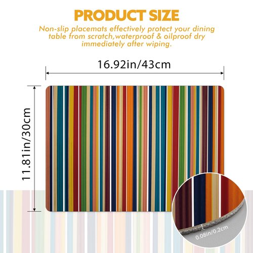 Colorful Stripes Placemats Set of 4, Rainbow Vertical Stripe Faux Leather Heat Resistant Non-Slip Wipe Clean Waterproof Table Place Mats Set for Indoor Outdoor Kitchen Dining Table, 17" x 12"