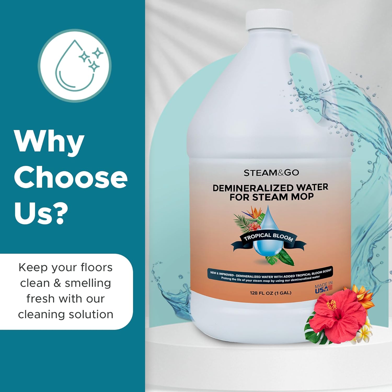 Steam & Go Demineralized Water | PVC-Free Multi-Surface Cleaner for Steam Mops - Tropical Bloom, 128 Fl Oz