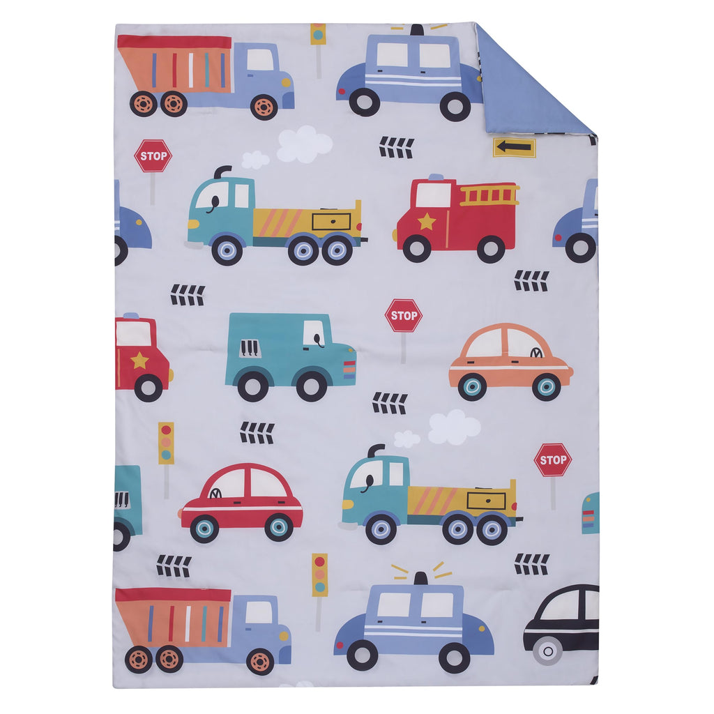 Everything Kids Transportation Gray, Blue, Red, and Yellow 4 Piece Toddler Bed Set - Comforter, Fitted Bottom Sheet, Flat Top Sheet, Reversible Pillowcase