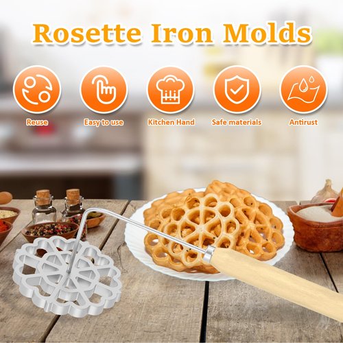 RVEFOT Bunuelos Mold,Aluminum Bunuelos Cookie Maker Mold with Wooden Handle, Detachable Rosette Iron Molds Set,Waffle Molds Funnel Cake Ring,Achappam Mold for Kitchen Baking Cooking 4.8 inches