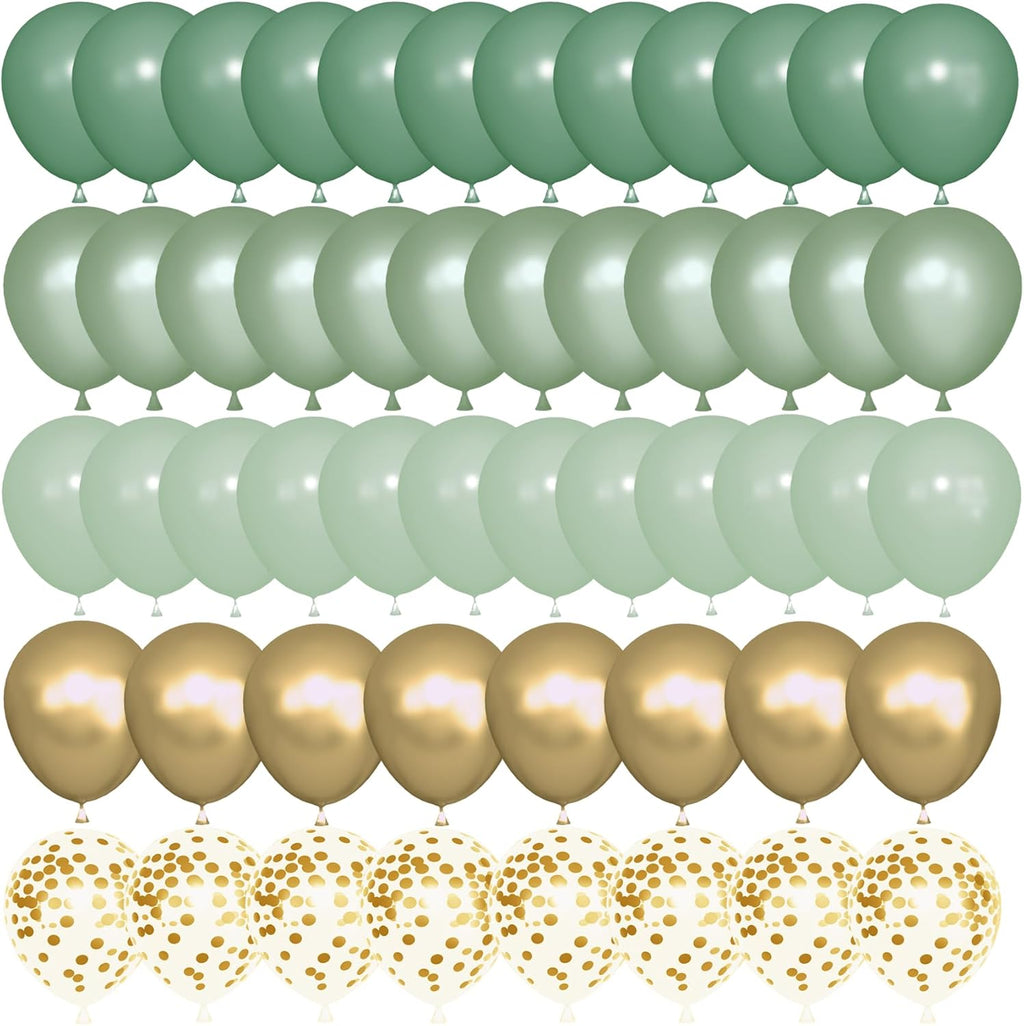 Skiennix 72Pcs Sage Green Balloon Set - 12" Latex & Pearl Metallic Gold Balloons for Parties