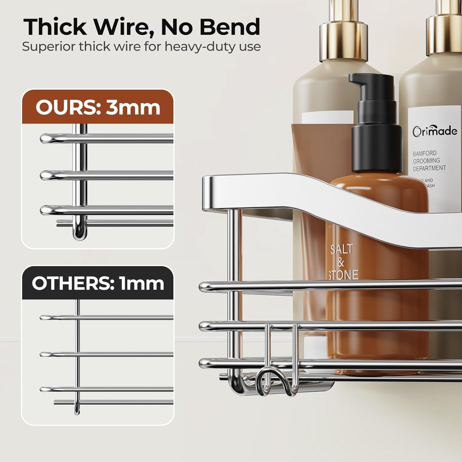 Orimade Shower Caddy - Wall-Mounted Storage Rack | Rust-Resistant Stainless Steel, Pack of 2 with 5 Hooks