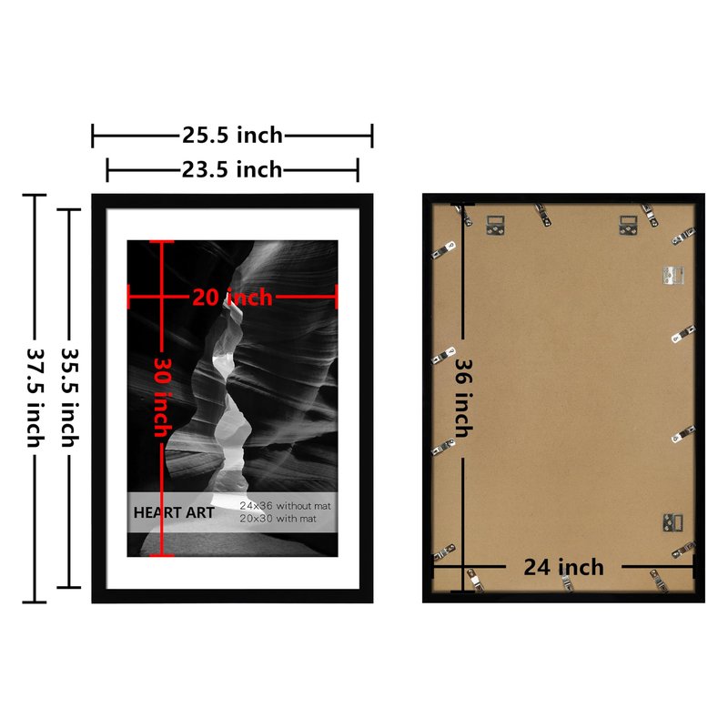 HEART ART 24x36 Poster Frame with Mat, Black Picture Frame, Display Pictures 20x30 with Mat or 24 x 36 Without Mat, Poster Frames 24 x 36 inches for Wall Mounting,2 Pack