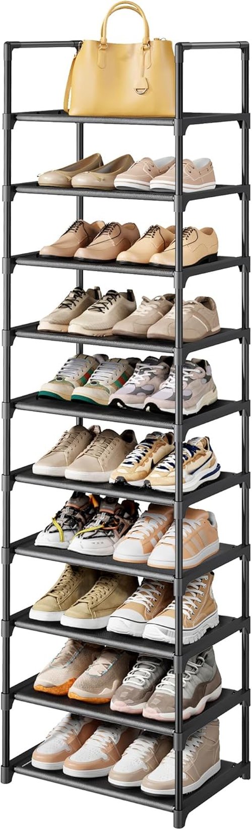 Kitsure Shoe Rack - 10-Tier Tall Organizer with Detachable Fabric Shelves | 16.9" Wide, Black