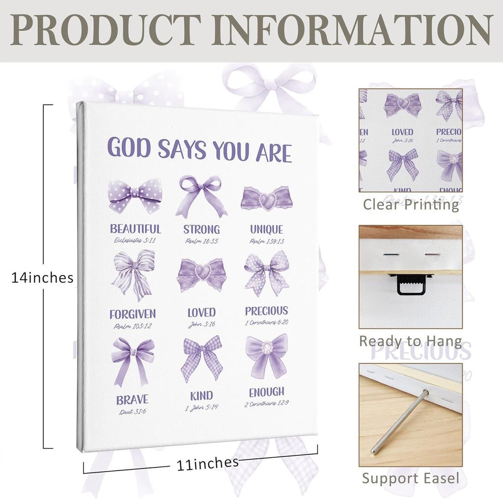 PHAMTE Christian Wall Art Decor - Inspirational Purple Bow Canvas 11x14 for Girly Room & Dorm
