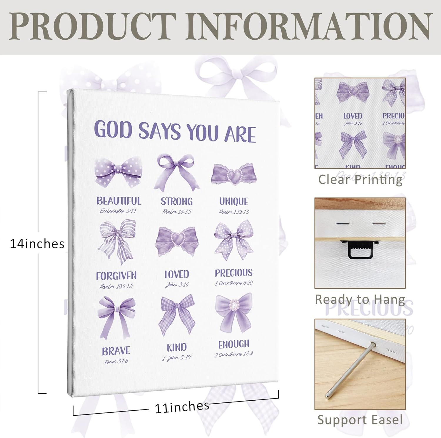 PHAMTE Christian Wall Art Decor - Inspirational Purple Bow Canvas 11x14 for Girly Room & Dorm