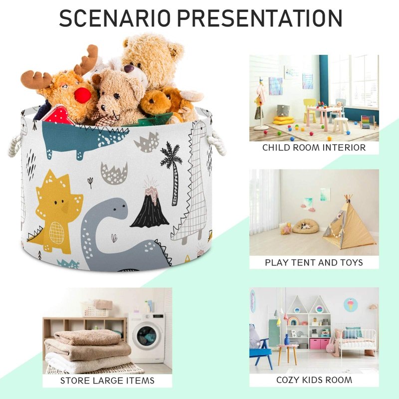 SUABO Cute Dinosaur Toy Storage Basket, Green, Dinosaur Pattern, Portable, Foldable, 20 X 14 IN., 4 Gallon Capacity