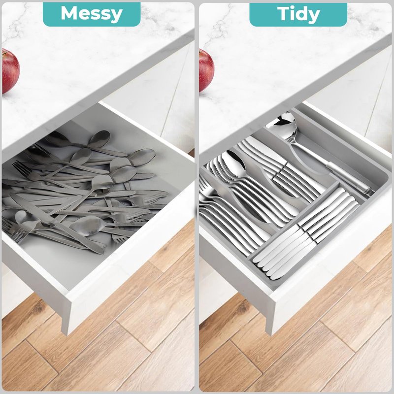 QINOL Bamboo Silverware Tray with Lid, Utensil Drawer Organizer for Kitchen Countertop, Wooden Flatware Organizers and Storage Holder, Bamboo Grey