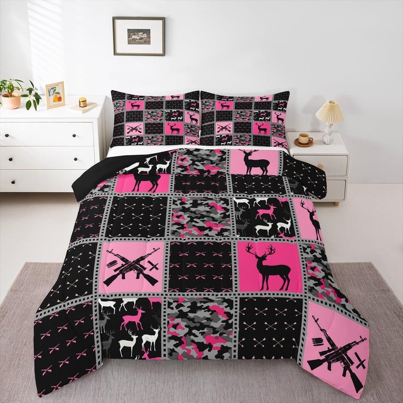 Feelyou Twin Size Cute Deer Bedding Set Boys Girls Deer Hunting Camo Comforter Set for Kids Women Men Ultra Soft Antlers Western Farmhouse Comforter Pink Black Duvet Set Room Decor Quilt Set
