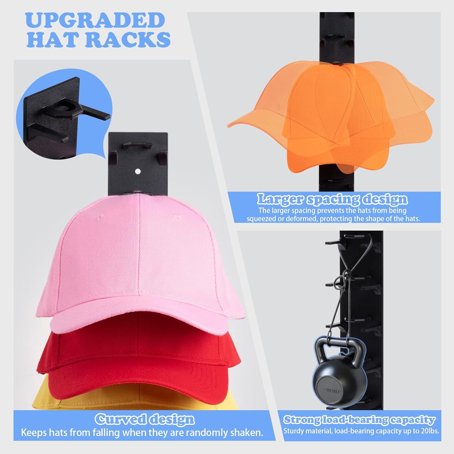 Skiennix Hat Organizer - 2 Pack Wall Rack for Up to 18 Baseball Caps | Strong Adhesive Hooks, Black