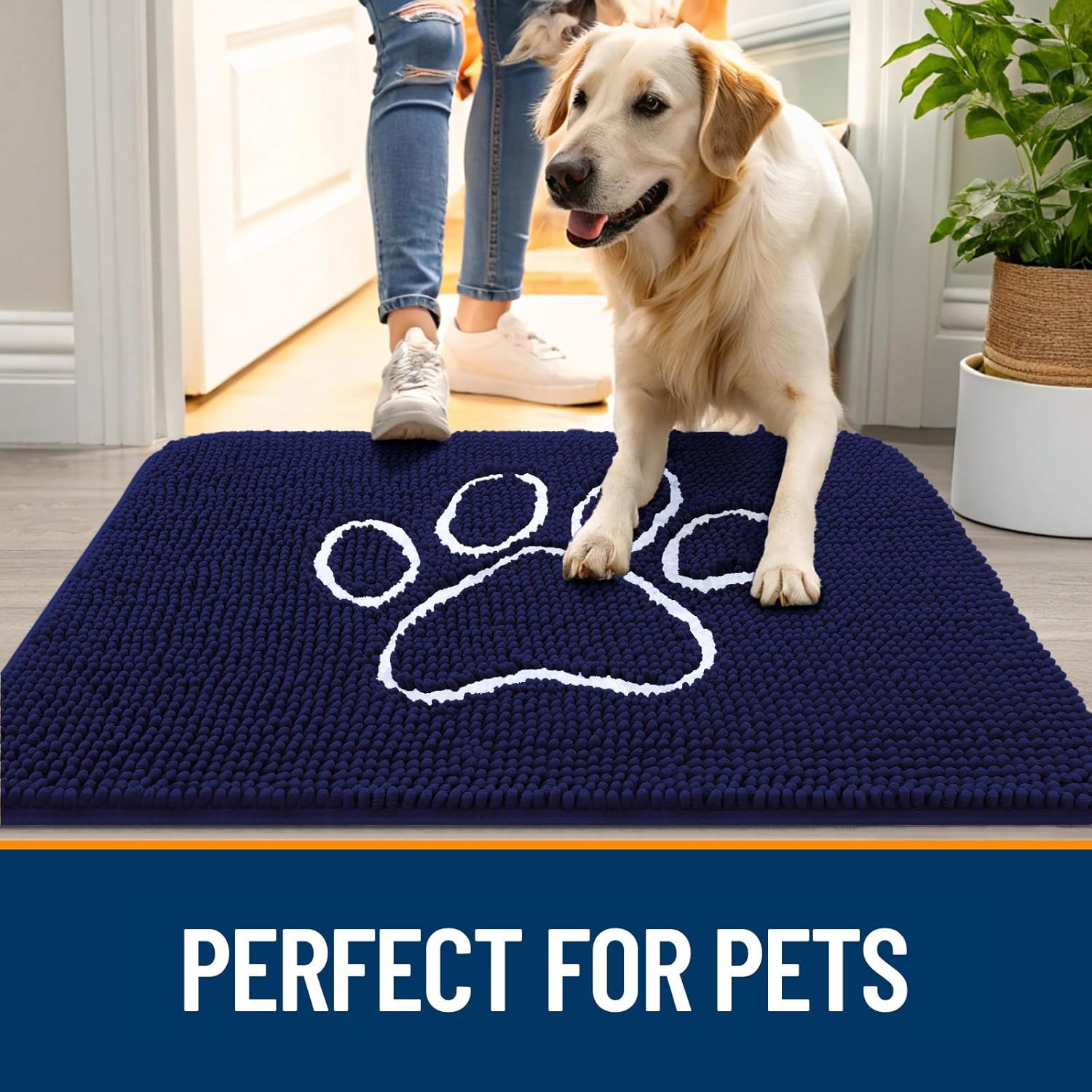 OLANLY Dog Door Mat - Absorbent Non-Slip Mud Mat for Muddy Paws | 59x35 Navy Blue Chenille Design