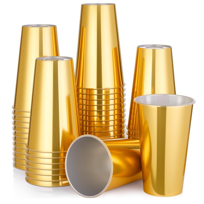 KesaPlan 50PCS Gold Plastic Cups, 16oz Disposable Plastic Tumblers for Party, Fancy Mirorred Golden Cups Bulk for Hot Cold Drinks, Disposable Drinking Glasses for Wedding Birthday Holiday Events