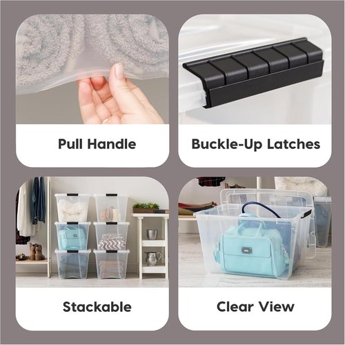 IRIS USA 54 Qt Stackable Plastic Storage Bins - BPA-Free, Durable Lids, 12 Pack - Clear Organizing Solution