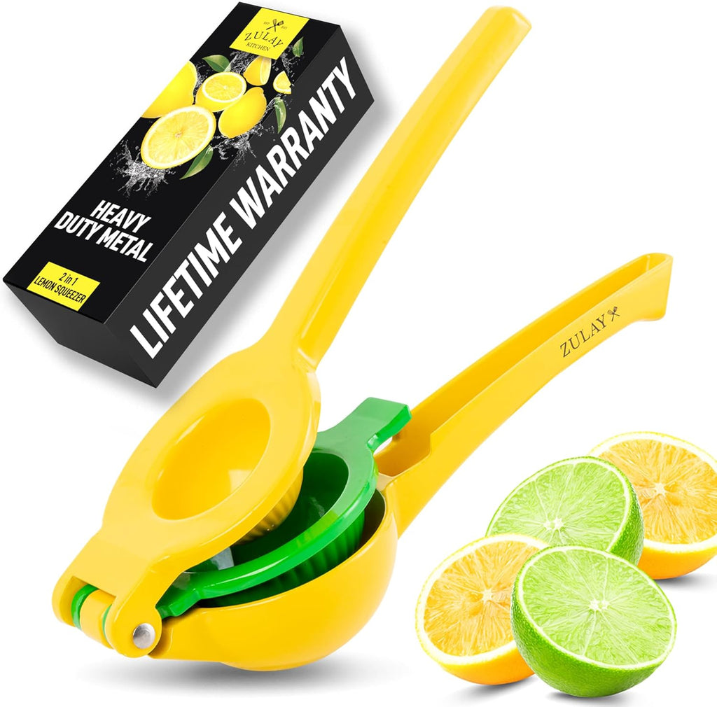 Zulay Kitchen 2-in-1 Lemon Squeezer - Sturdy Manual Juicer for Maximum Juice Extraction - Easy to Clean - Yellow/Green