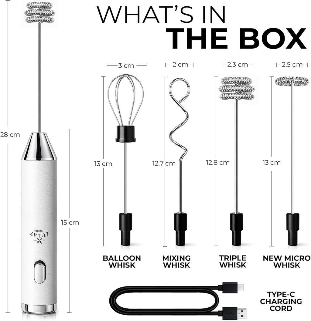 Zulay Kitchen Rechargeable Milk Frother - Handheld Electric Drink Mixer with 3 Whisk Attachments | USB-C Charging, Lasts 6 Months