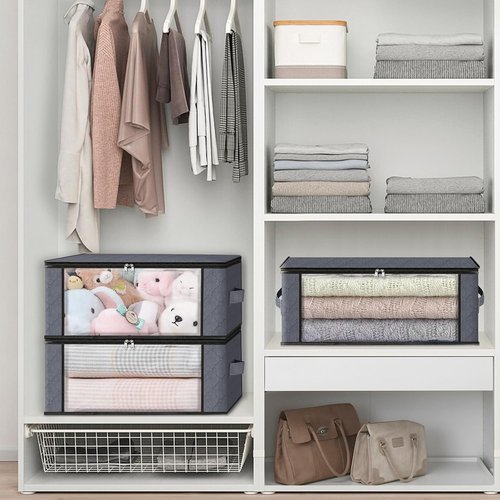 HomeHacks Storage 3-Pack Clothes Organizer Bags - Foldable Design with Large Clear Window | 35L, Gray