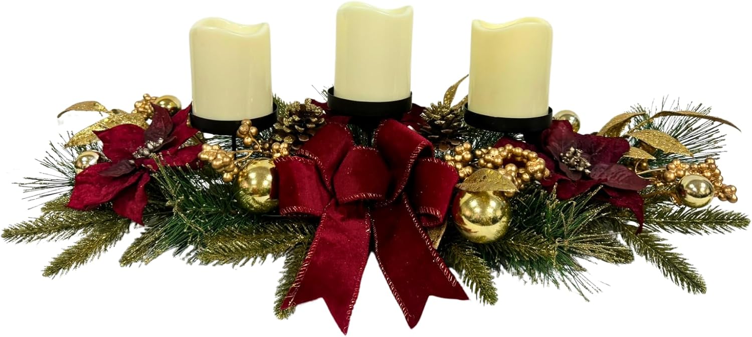 Svndlyn Christmas Candle Holders - Festive 3-Piece Set with Red Poinsettia & Golden Accents for Table Centerpiece