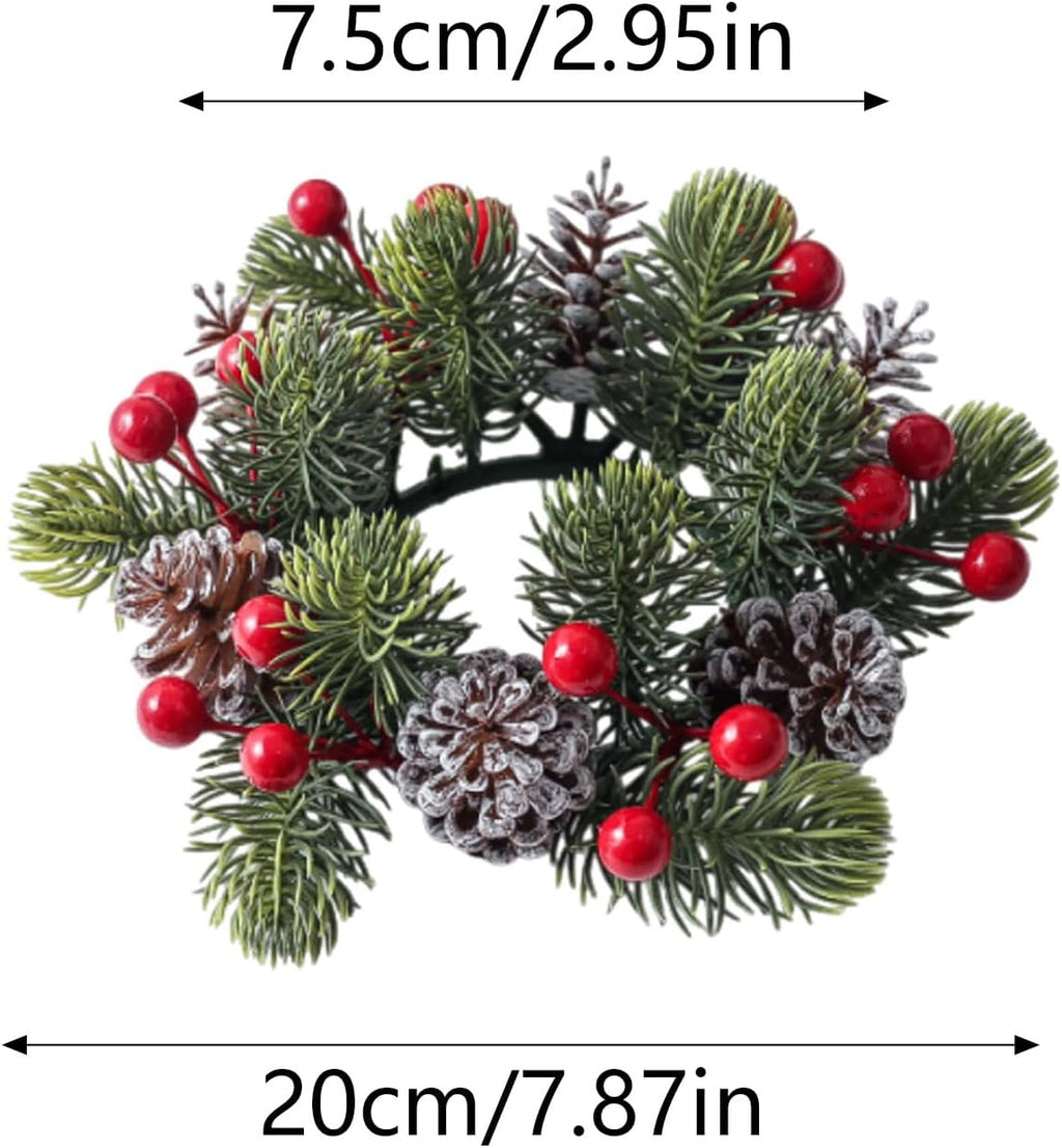 Skiennix Christmas Candle Rings - Artificial Berries & Pinecones Wreaths | 3-Inch Centerpiece for Holiday Decor (Set of 2)