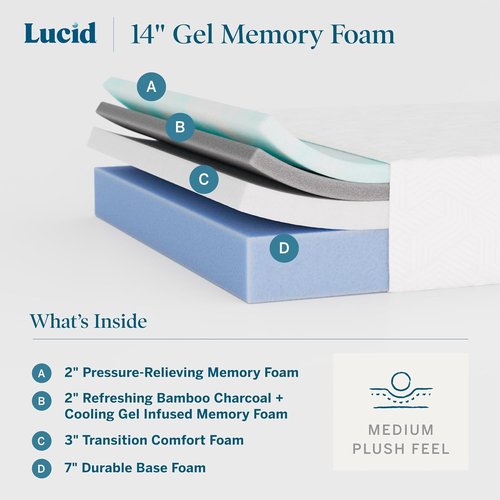 Lucid 14 Inch Memory Foam Mattress - Medium Plush Comfort - Bamboo Charcoal & Cooling Gel - Queen Size