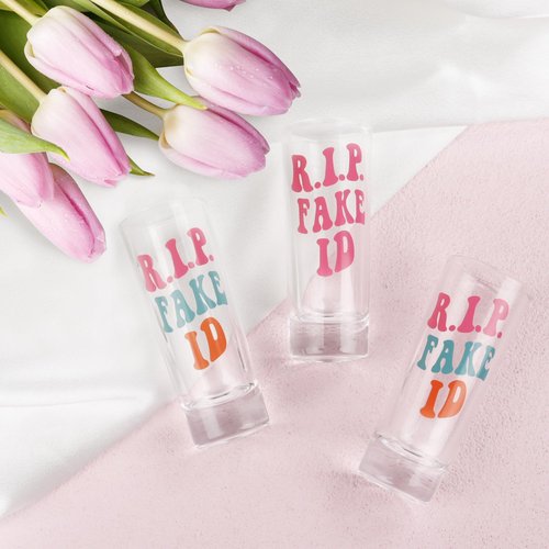 JUSTOTRY 21st Birthday Pink Shot Glass - RIP FAKE ID - 2oz Shot Glass - Best 21st Birthday Decorations - Ideal for Women