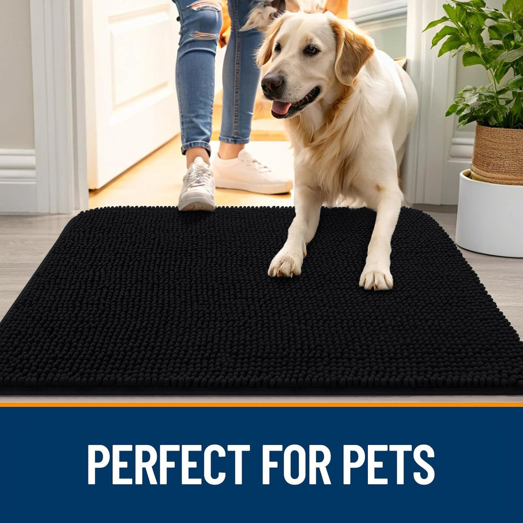 OLANLY Dog Door Mat - Absorbent Non-Slip Mud Mat for Indoor Use | 40x32 Inches, Quick Dry Chenille, Black