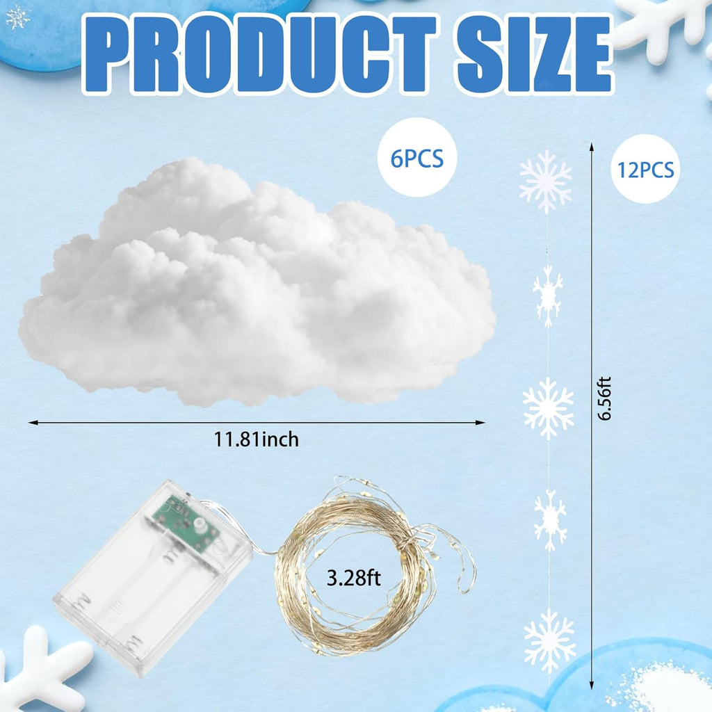 Wettarn 18 Pcs Winter Cloud Decorations - 3D Large Hanging Ornaments with Snowflakes for Parties