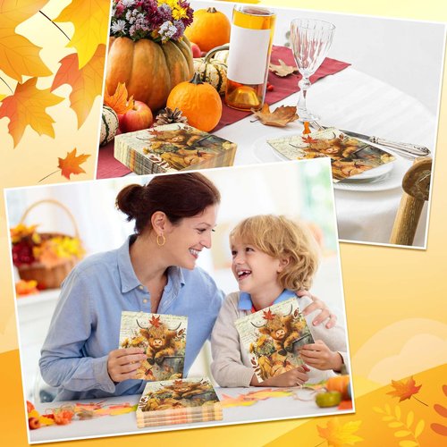 JarThenaAMCS 80Pcs Fall Paper Napkins Highland Cow Pumpkin Disposable Napkins Thanksgiving Decorative Luncheon Dinner Table Napkins for Autumn Harvest Wedding Party Supplies