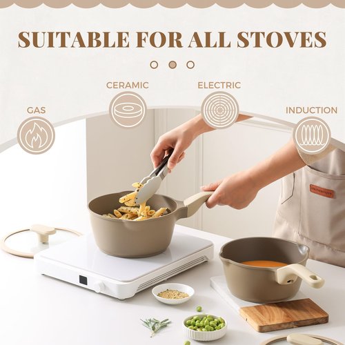 Nonstick Saucepan Set with Lids, 2QT and 2.7QT Ceramic Sauce Pan Set, Non Toxic Sauce Pots with Pour Spouts for Multipurpose Use, PTFE, PFOA & PFAS Free, Induction Compatible, Apricot