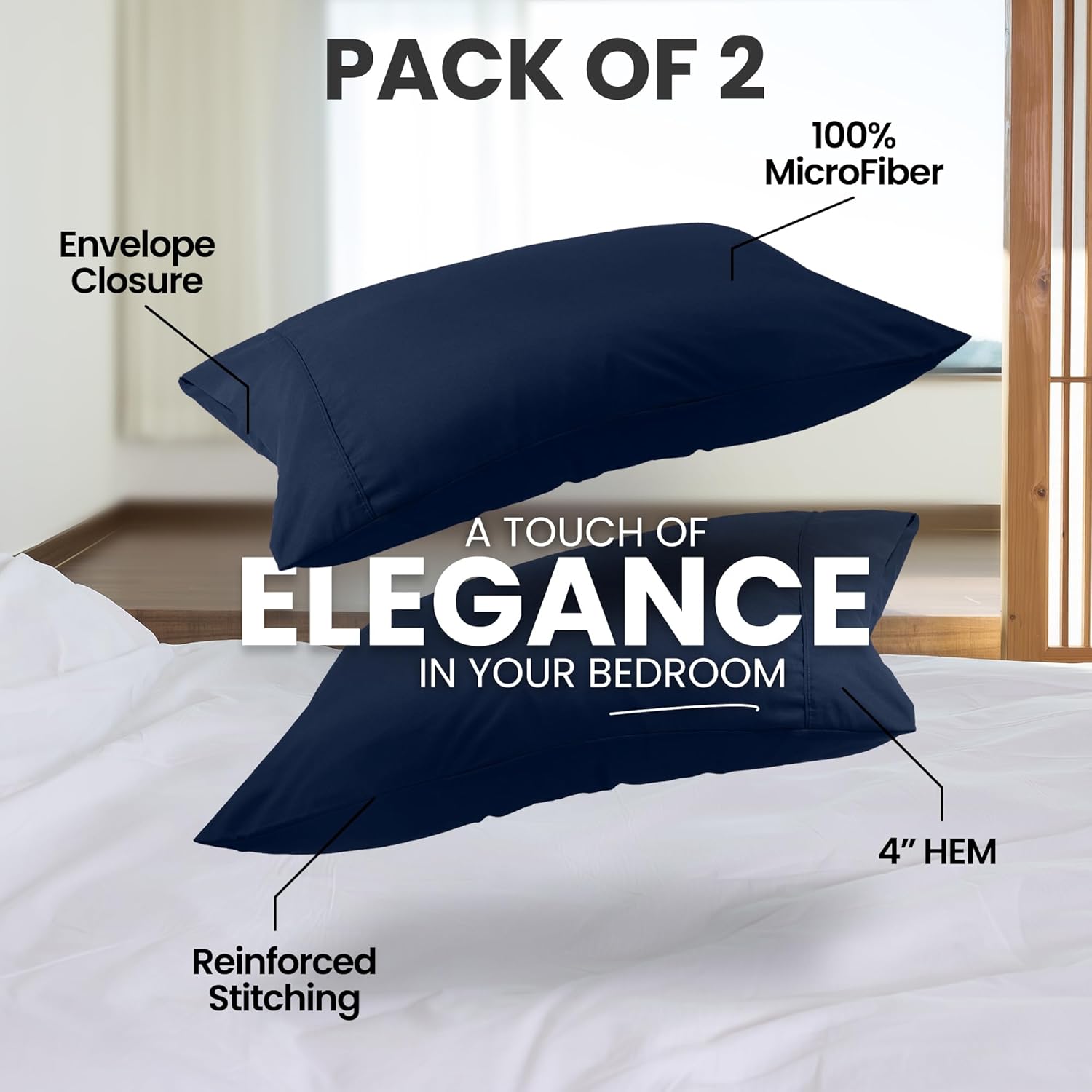 Utopia Bedding Standard Pillow Cases - Soft Brushed Microfiber - 2 Pack, Navy, 20 X 26 Inches