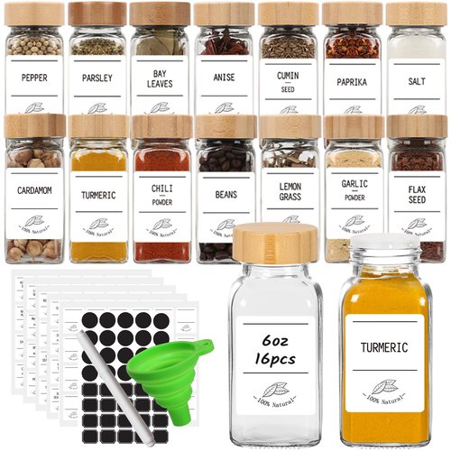 Keketin 16 Pack 6 oz Glass Spice Jars with Bamboo Lids and Spice Labels,Empty Square Seasoning Bottles,180ml Glass Spice Container with Shaker Lids and Funnel