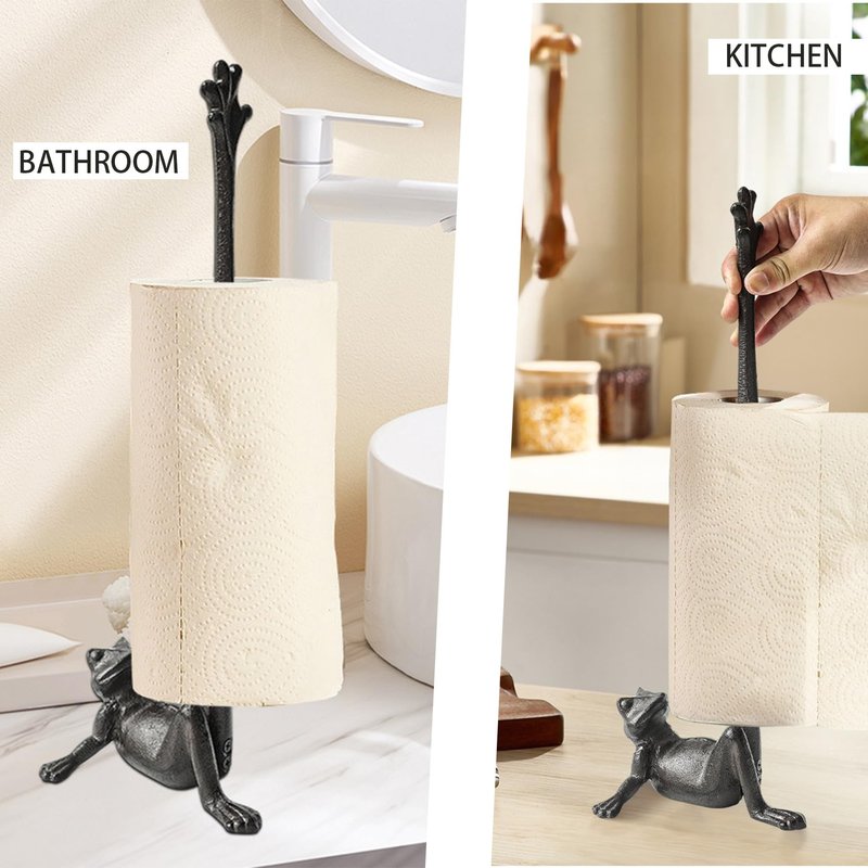 Mozhixue Frog Paper Towel Holder 16.5'' Cast Iron Paper Towel Holder Funny Toilet Paper Holder for The Floor or Counter in The Kitchen or Bathroom Bronze Rustic,Frog