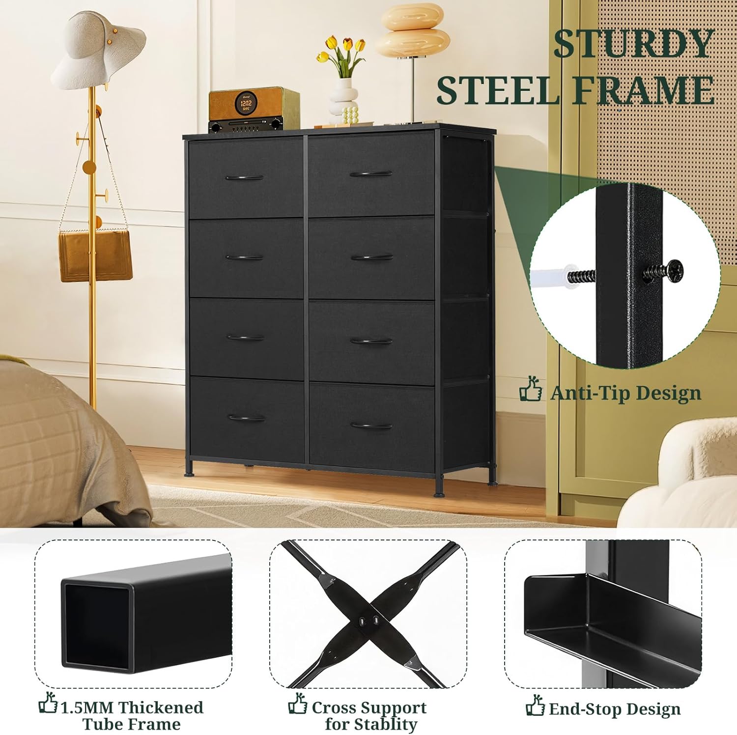 Skiennix 8-Drawer Dresser - Anti-Tip Tall Storage Organizer with Wooden Top & Metal Frame | Black