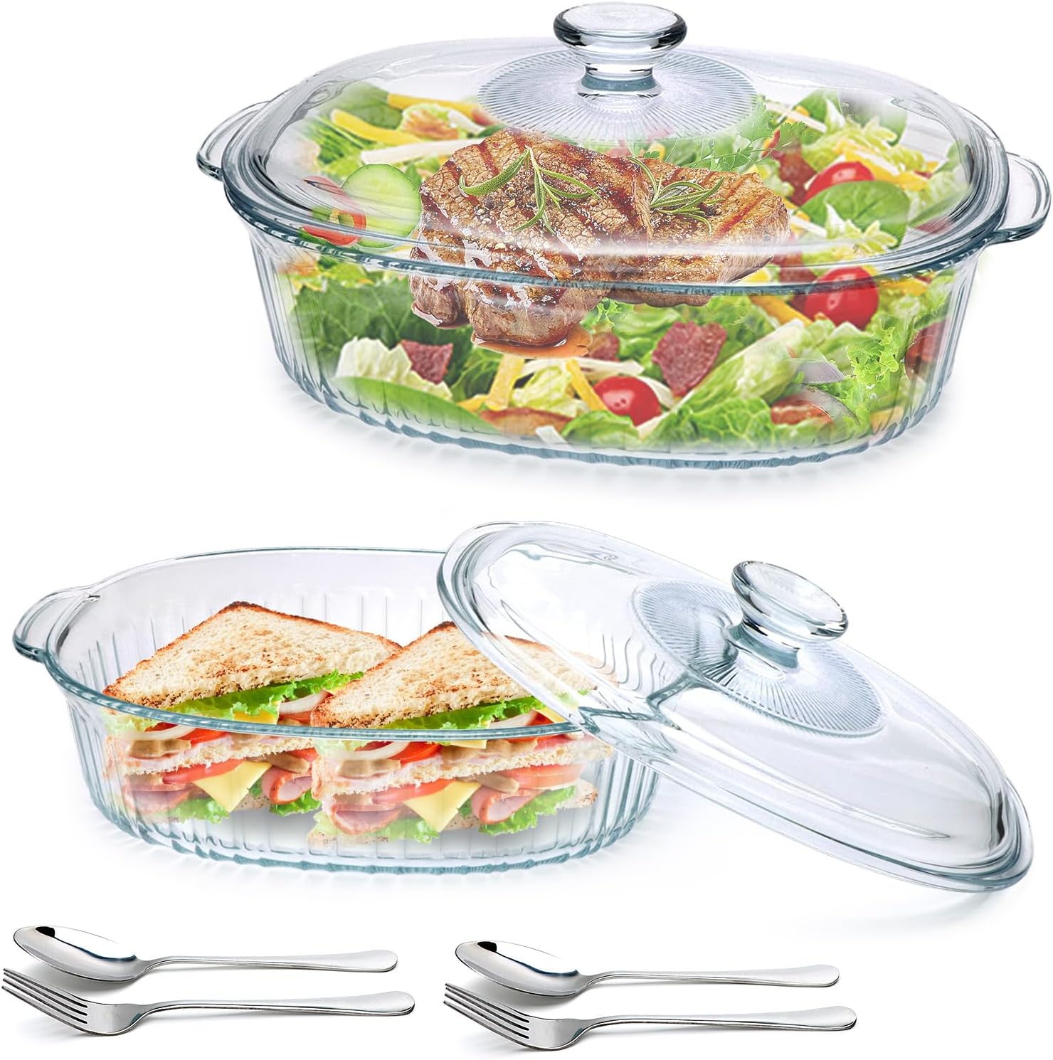 Regine Switzerland Glass Casserole Baking Dishes - 2 Pack with Lids | 1.9 Qt & 3 Qt Ribbed Oval Bakeware Set for Lasagna and Casseroles